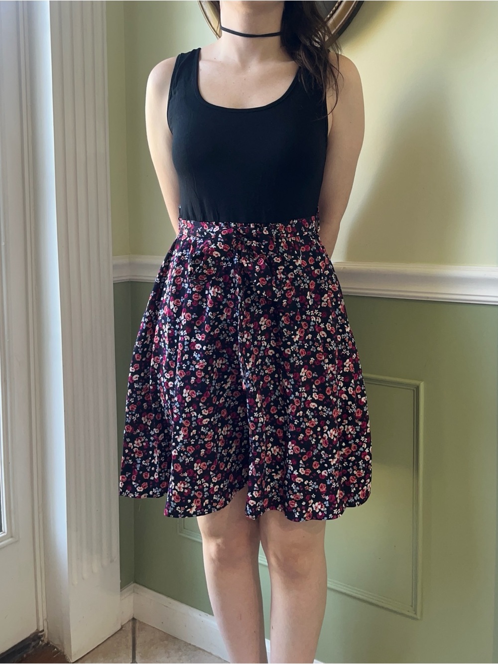 SHEIN black floral fit and flare belted dress